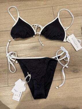 Seafolly Black with White Trim Ribbed Tie-Side Bikini Set